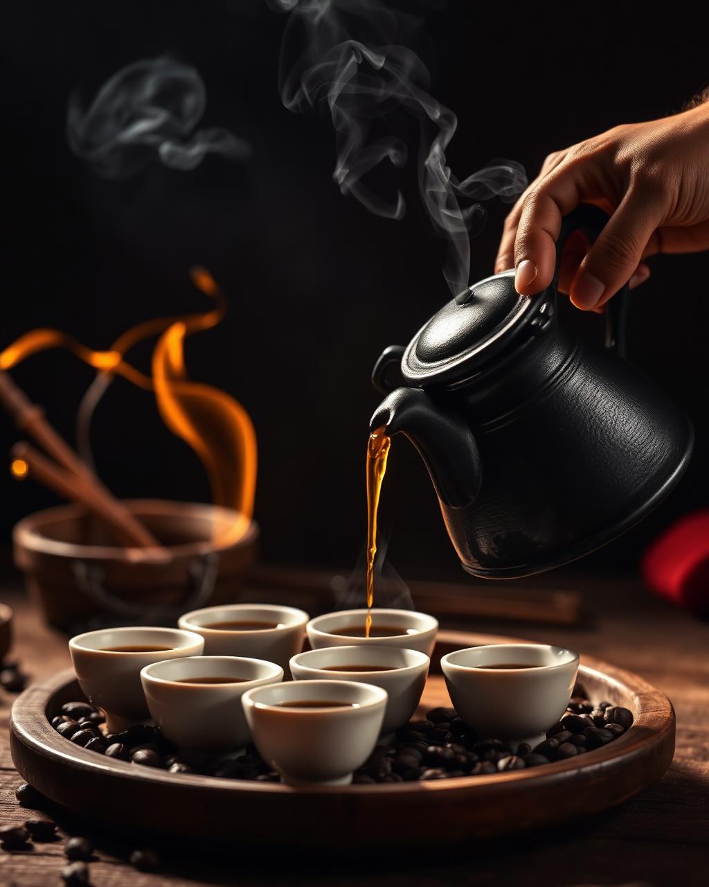 Traditional Ethiopian coffee ceremony — jebena pouring into cini cups