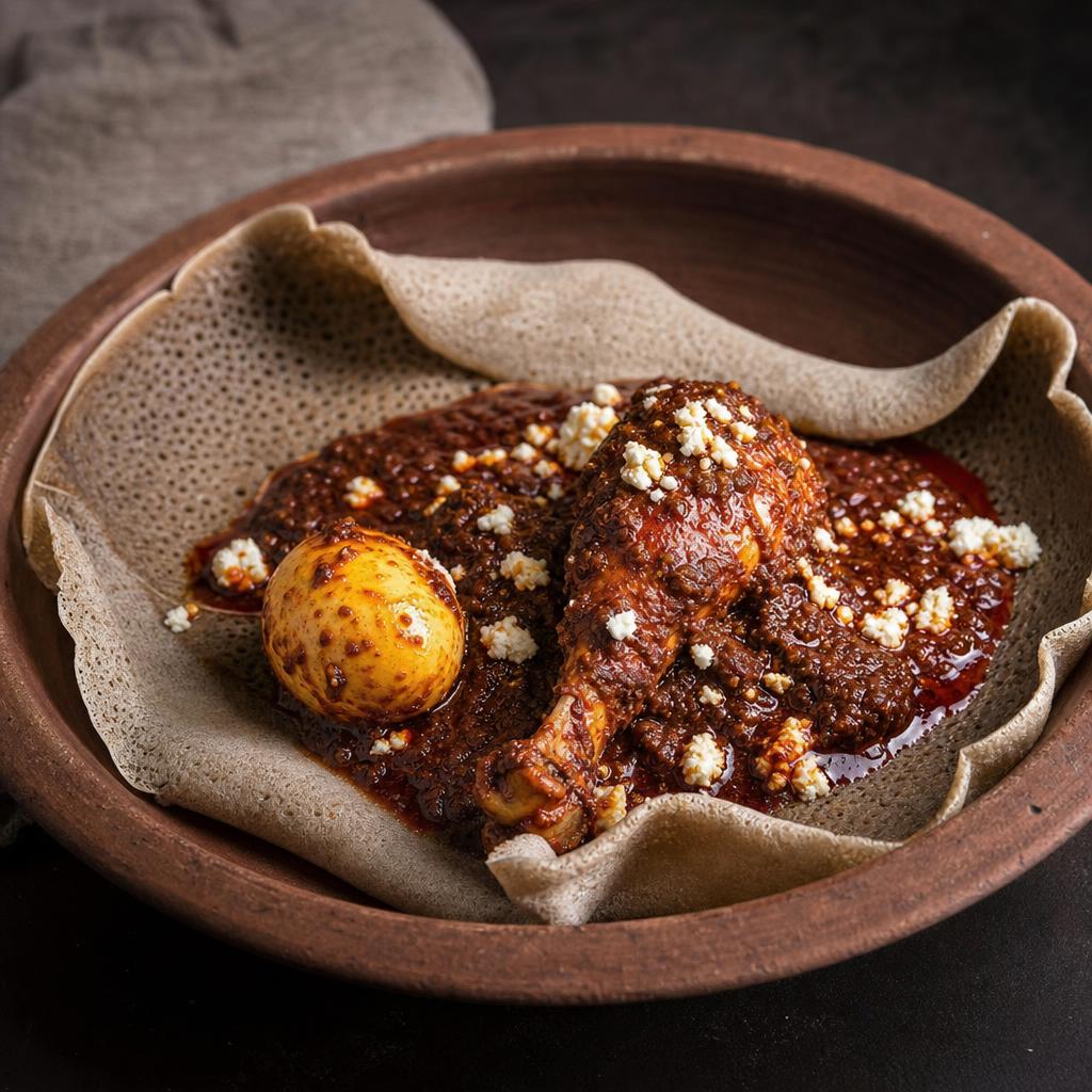 Doro wat with boiled egg served on injera